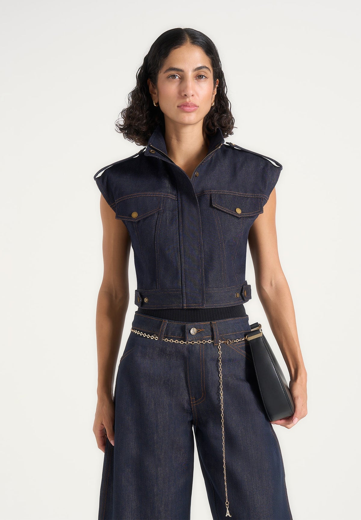 Imelda - Denim Cropped Wide Shoulder Sleeveless Jacket - Indigo