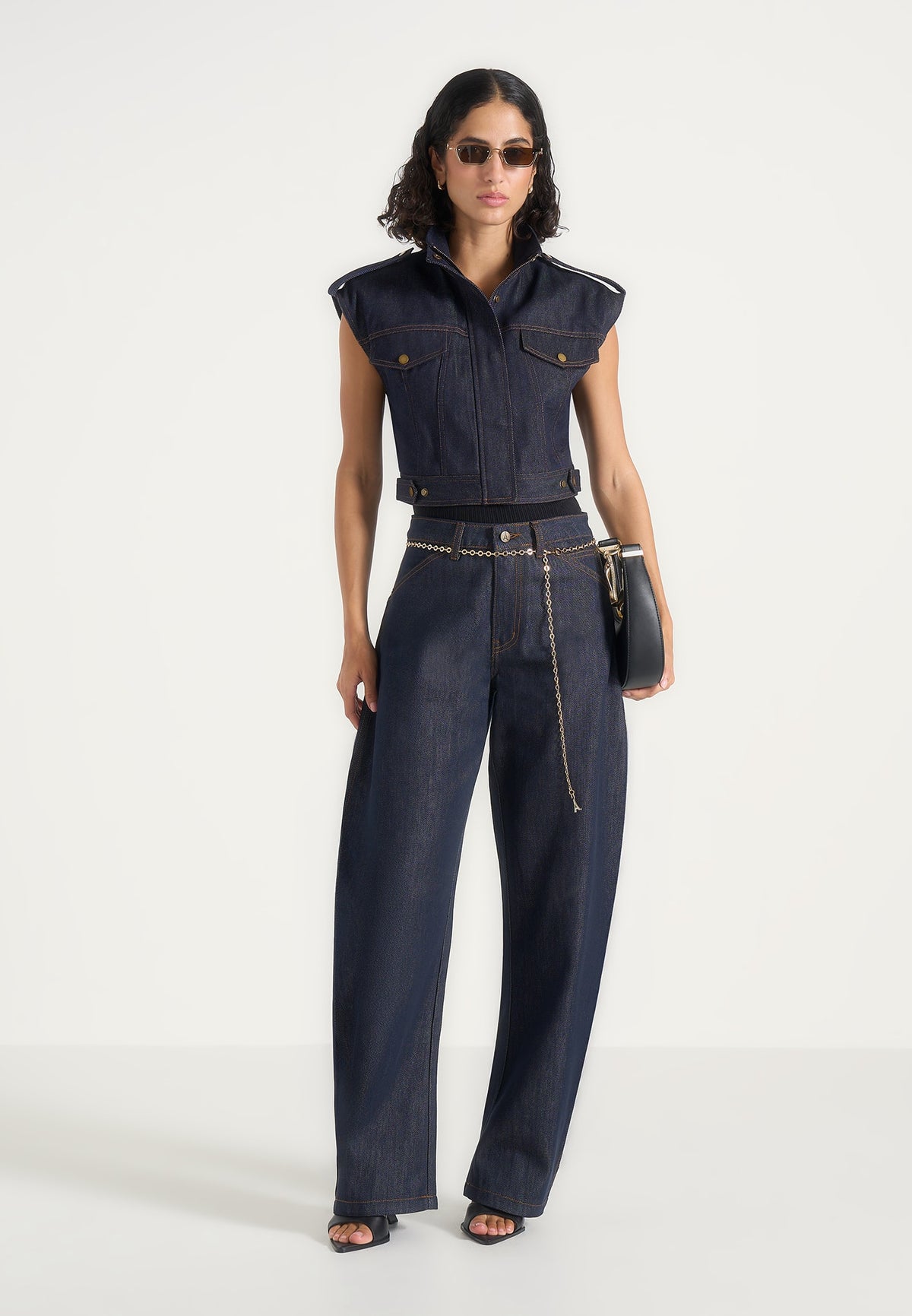 Imelda - Denim Cropped Wide Shoulder Sleeveless Jacket - Indigo