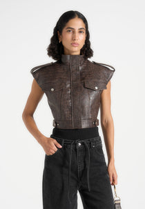 Imelda - Croc Cropped Wide Shoulder Sleeveless Jacket - Brown