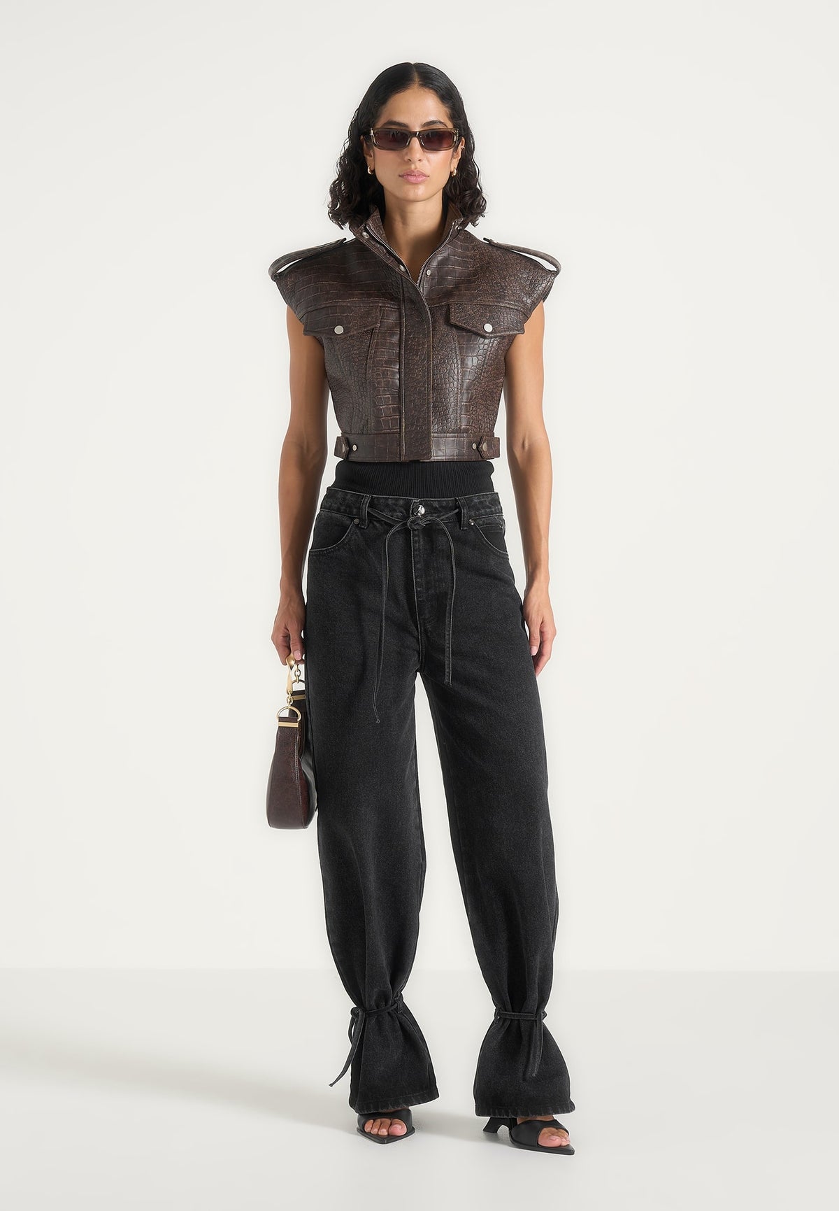 Imelda - Croc Cropped Wide Shoulder Sleeveless Jacket - Brown