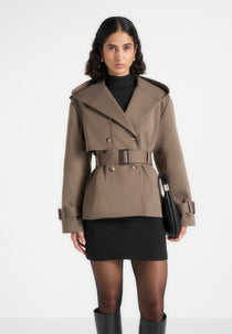 Kassidy - Hooded Double Breasted Wool-Blend Trench Coat - Olive