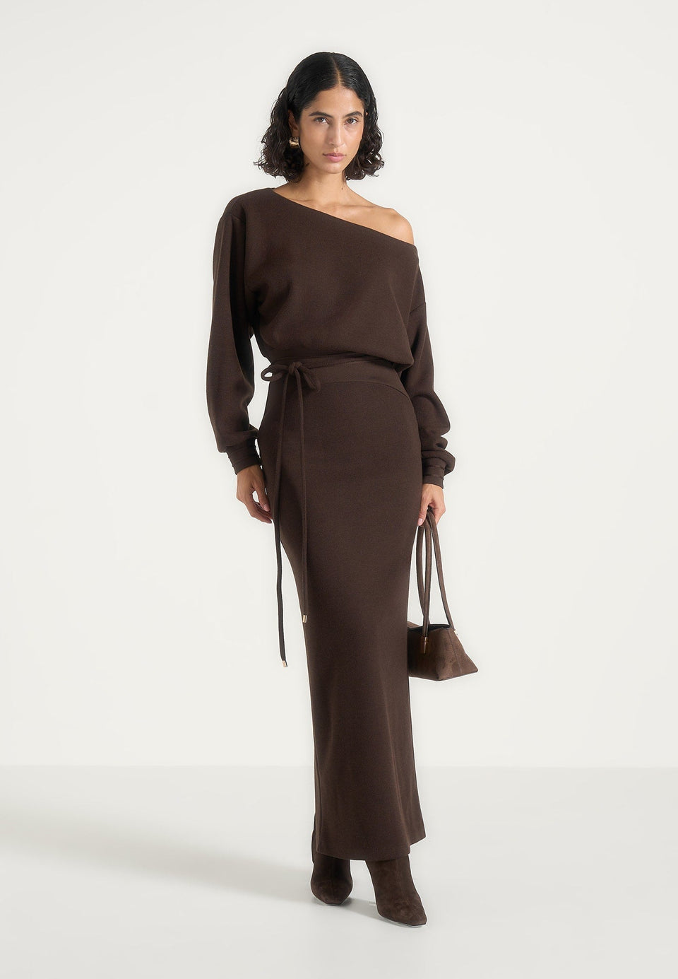 Esme - Belted Knit Maxi Sweater Dress - Brown