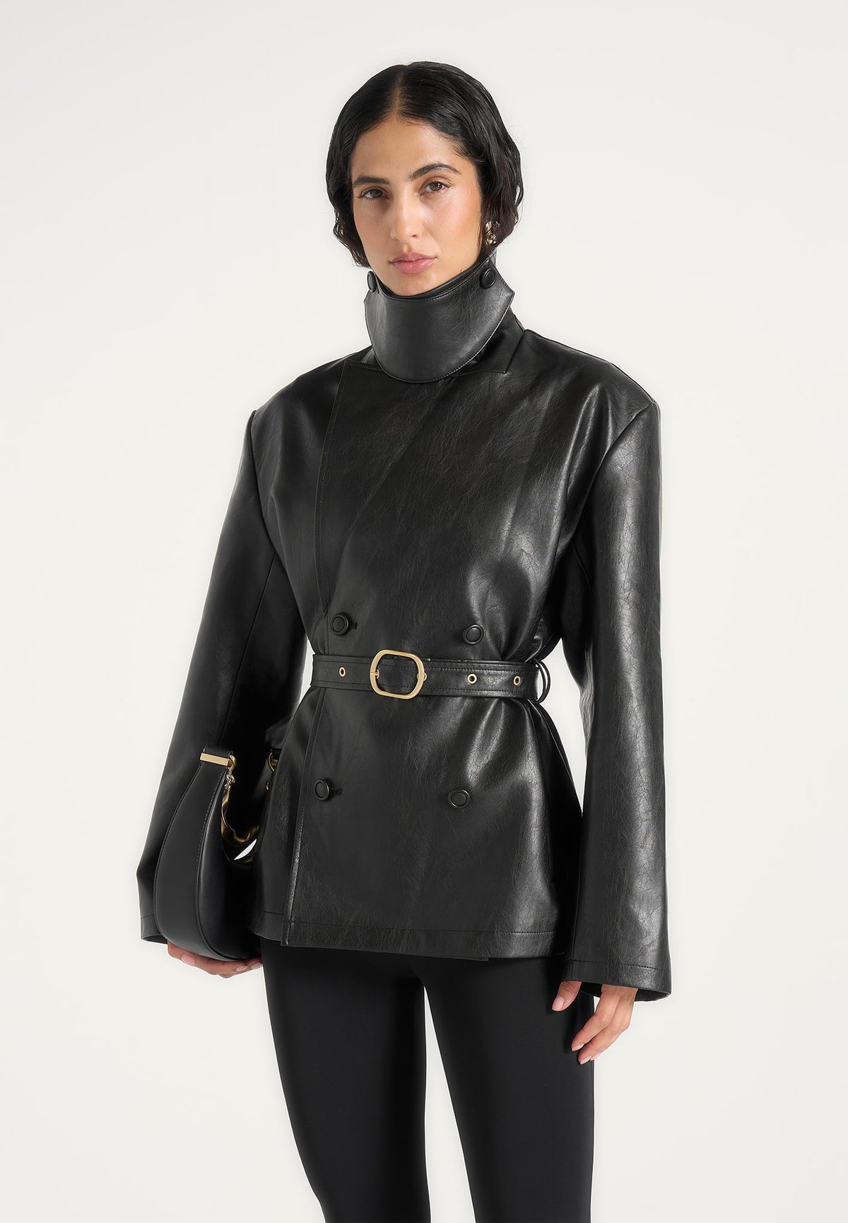 Whitney - Double-Breasted Belted Leather Jacket - Black