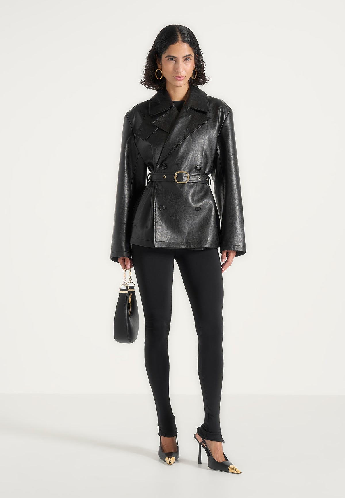 Whitney - Double-Breasted Belted Leather Jacket - Black