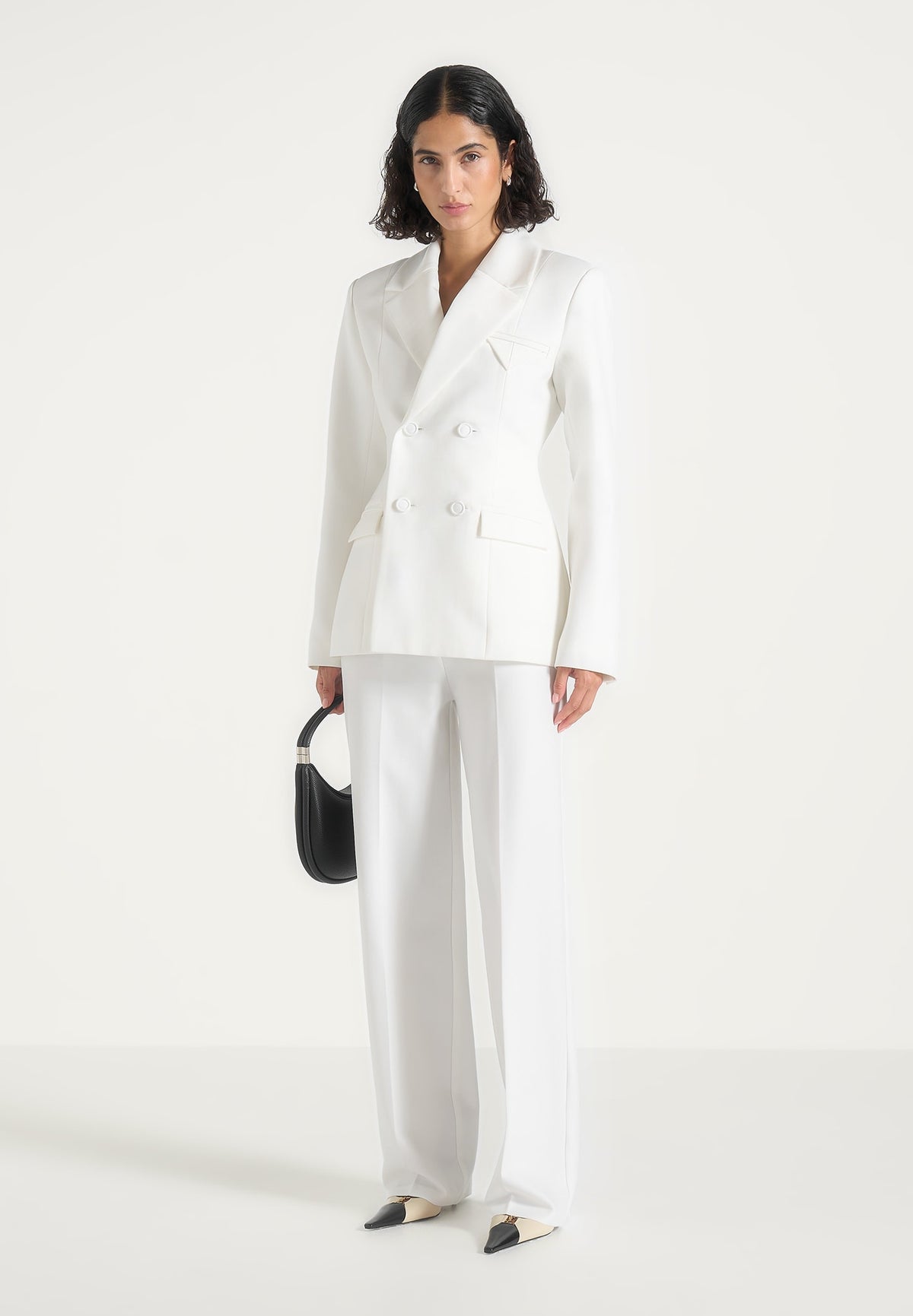 Maia - Double Breasted Satin Lapel Hourglass Blazer - White