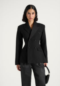 Maia - Double Breasted Satin Lapel Wool-Blend Hourglass Blazer - Black
