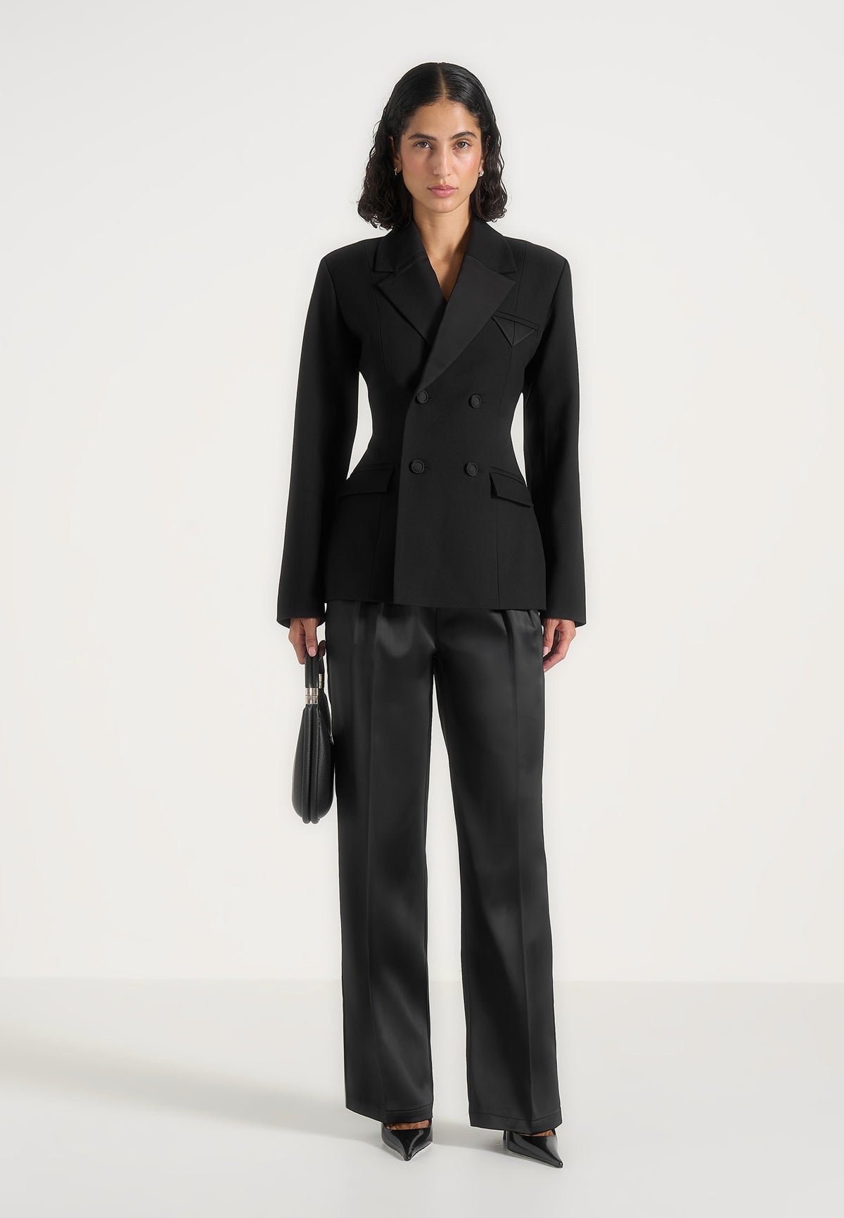Maia - Double Breasted Satin Lapel Wool-Blend Hourglass Blazer - Black