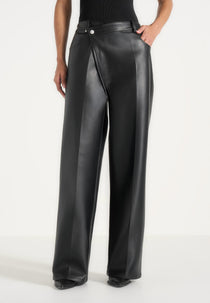 Astrid - Wrapover Wide Leg Leather Pants - Black