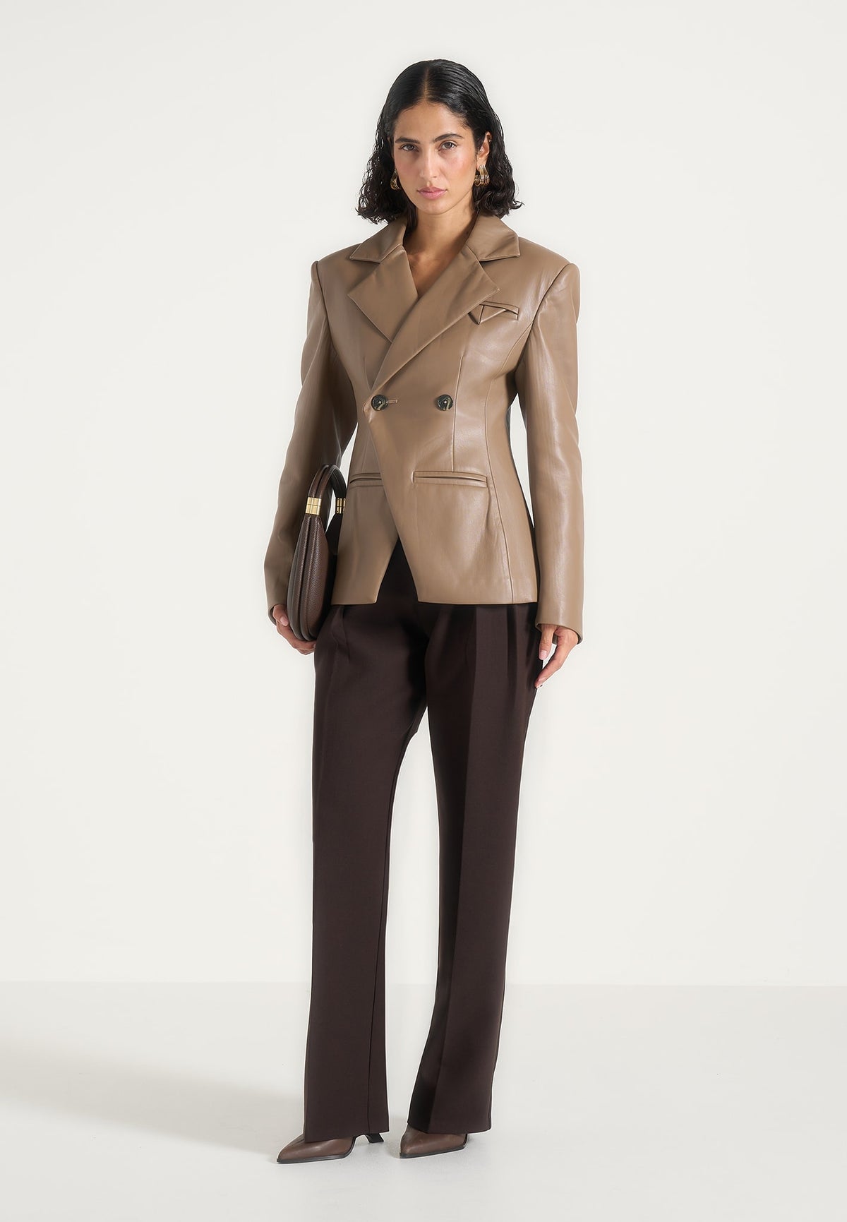 Beatrice - Leather Double Breasted Hourglass Blazer - Taupe