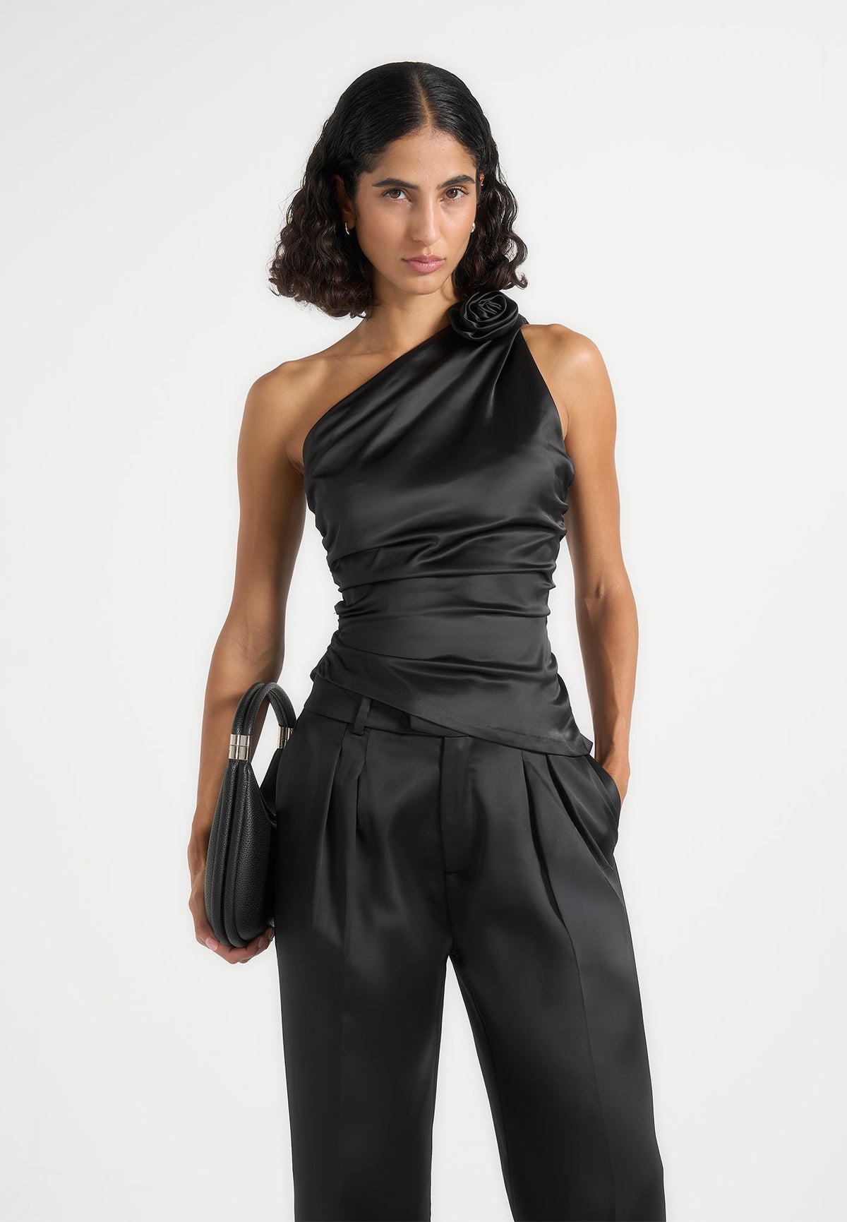 Heidi - One Shoulder Satin Rosette Top - Black