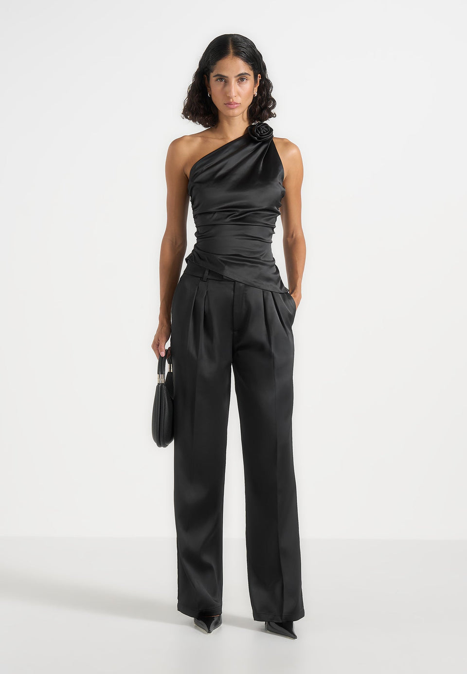 Heidi - One Shoulder Satin Rosette Top - Black