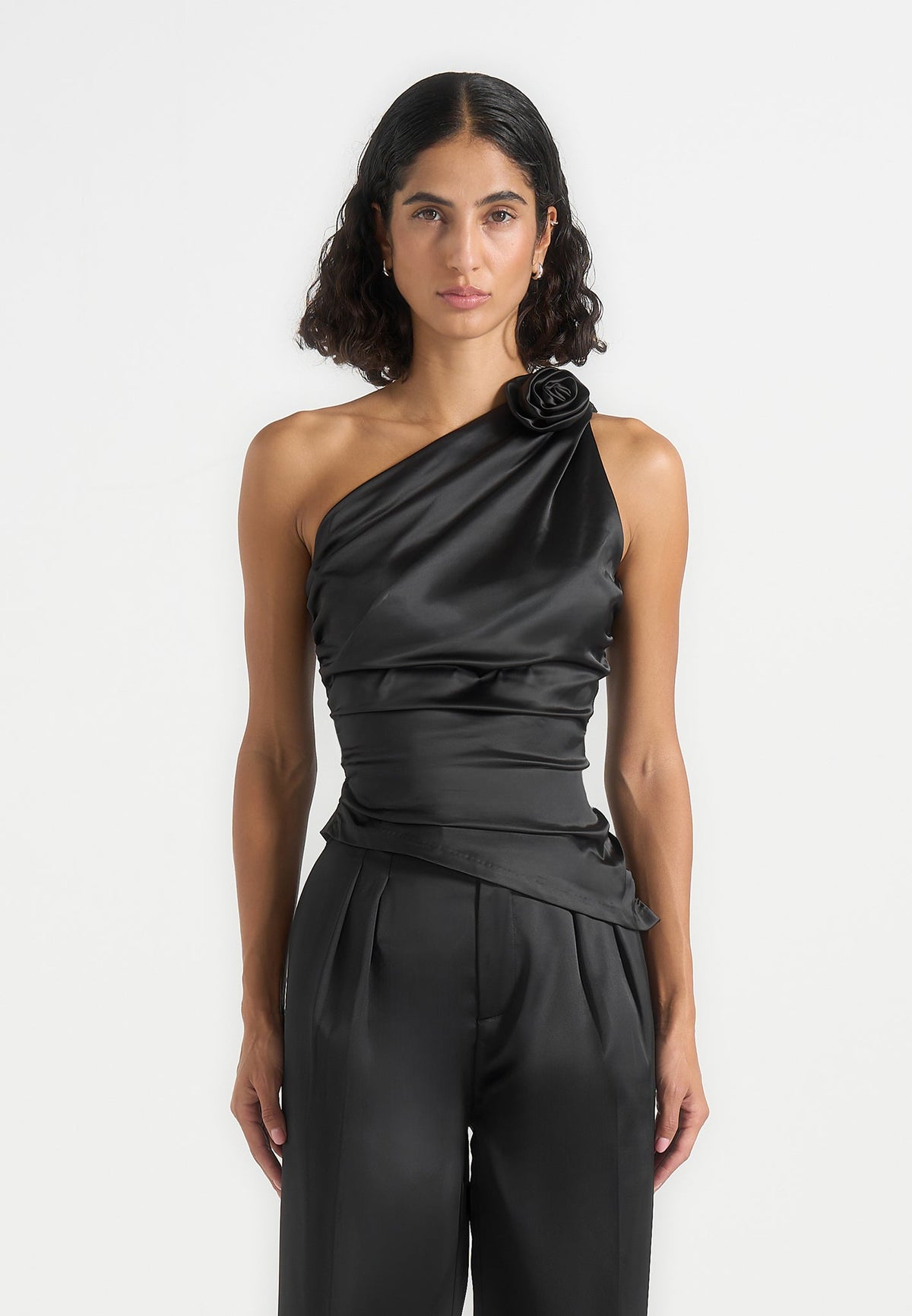 Heidi - One Shoulder Satin Rosette Top - Black
