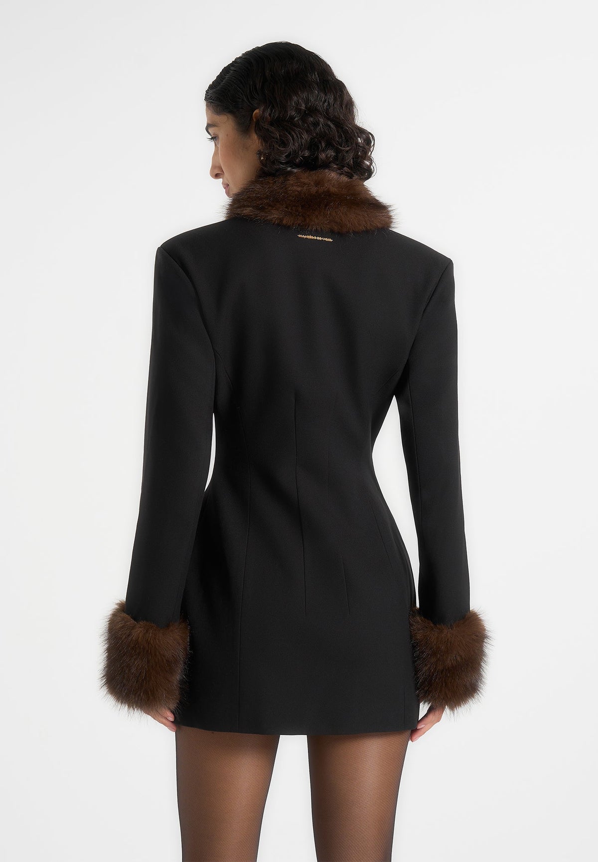Amelie - Wool-Blend Fur Trim Hourglass Blazer Dress - Black / Brown