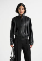 Piper - Oversized Pleated Leather Bomber Jacket - Black
