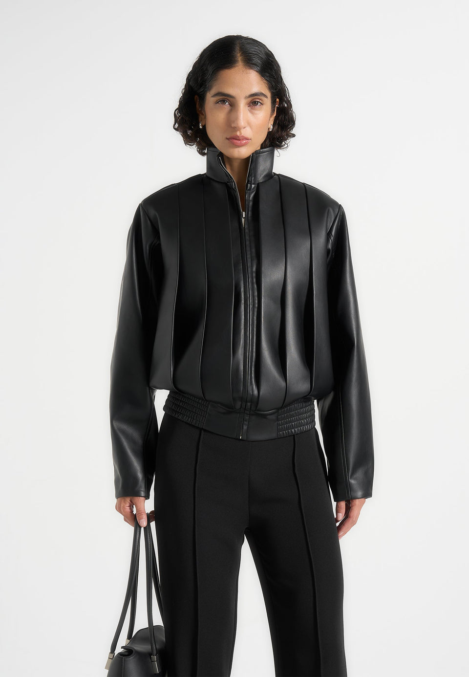 Piper - Oversized Pleated Leather Bomber Jacket - Black