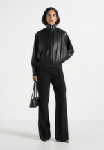 Piper - Oversized Pleated Leather Bomber Jacket - Black
