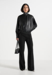 Kirsty - Oversized Pleated Leather Bomber Jacket - Black