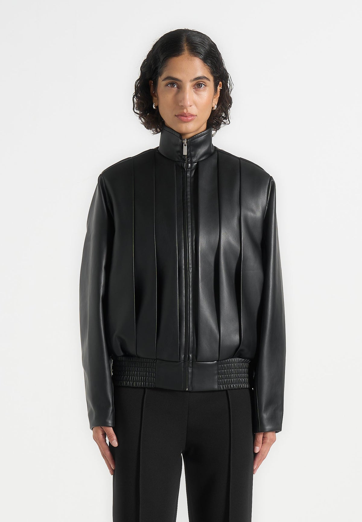 Piper - Oversized Pleated Leather Bomber Jacket - Black