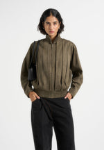 Piper - Oversized Pleated Suede Bomber Jacket - Dark Sage