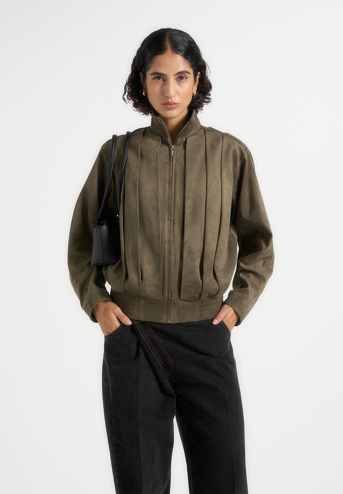 Piper - Oversized Pleated Suede Bomber Jacket - Dark Sage
