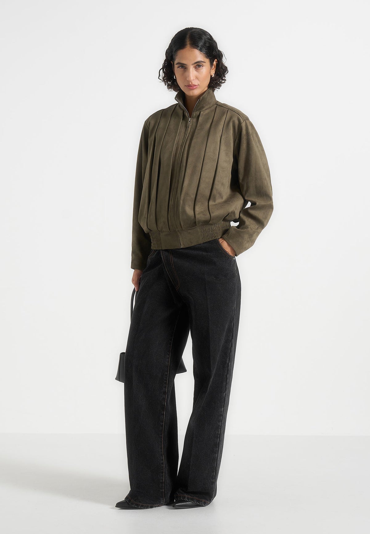 Piper - Oversized Pleated Suede Bomber Jacket - Dark Sage