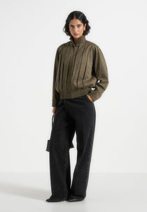 Kirsty - Oversized Pleated Suede Bomber Jacket - Dark Sage