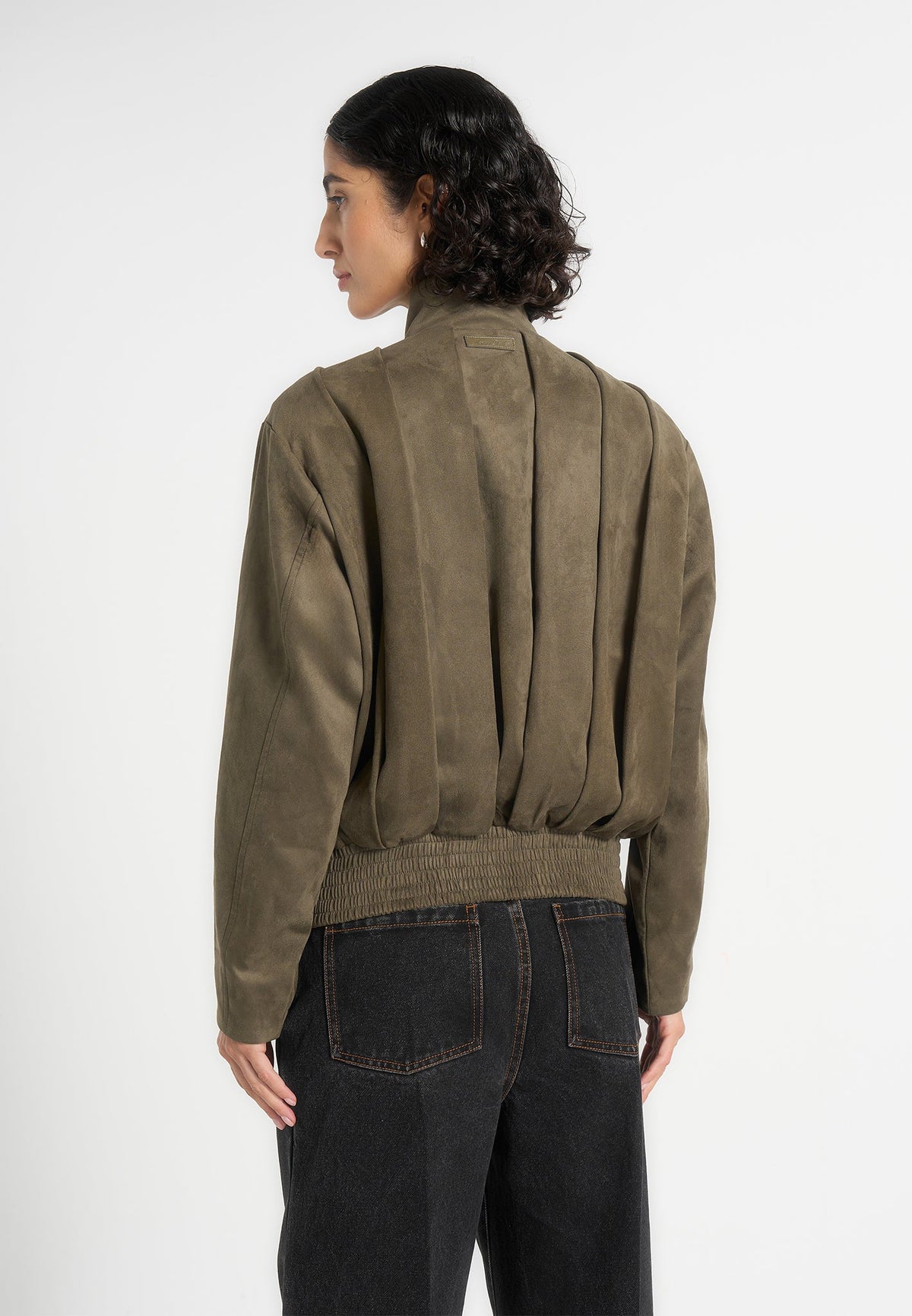 Piper - Oversized Pleated Suede Bomber Jacket - Dark Sage
