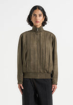 Piper - Oversized Pleated Suede Bomber Jacket - Dark Sage