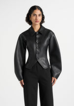 Maggie - Leather Collared Hourglass Jacket - Black