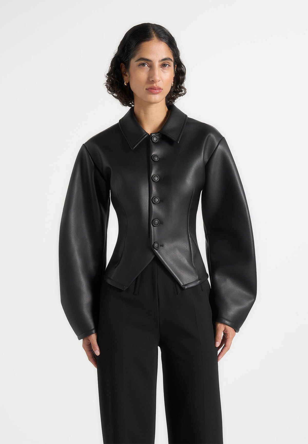 Maggie - Leather Collared Hourglass Jacket - Black