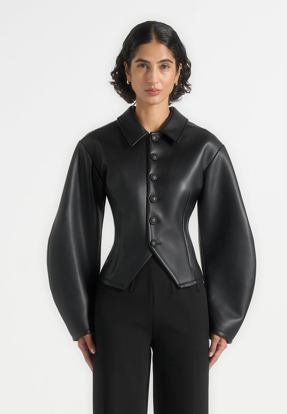 Maggie - Leather Collared Hourglass Jacket - Black