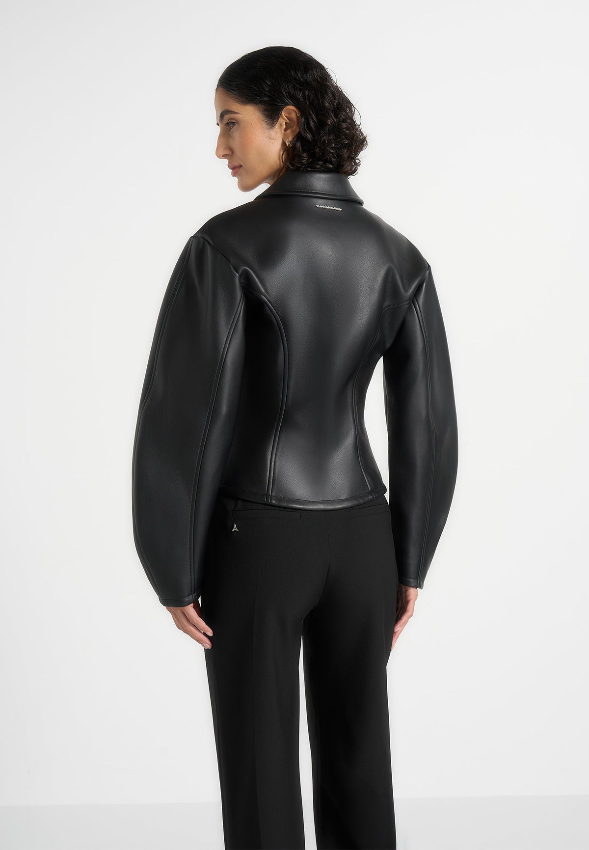 Maggie - Leather Collared Hourglass Jacket - Black