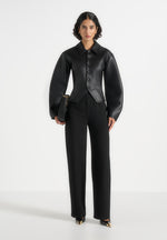 Maggie - Leather Collared Hourglass Jacket - Black