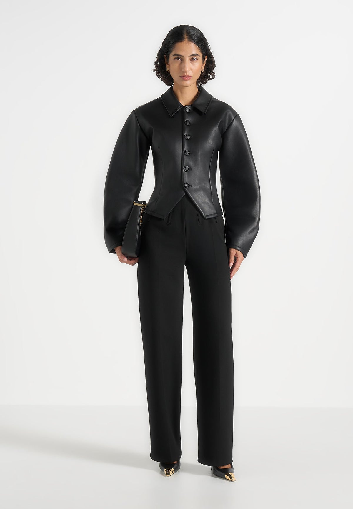 Maggie - Leather Collared Hourglass Jacket - Black