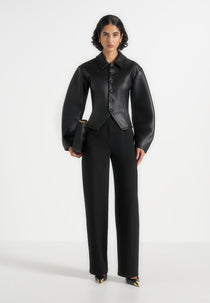 Maggie - Leather Collared Hourglass Jacket - Black