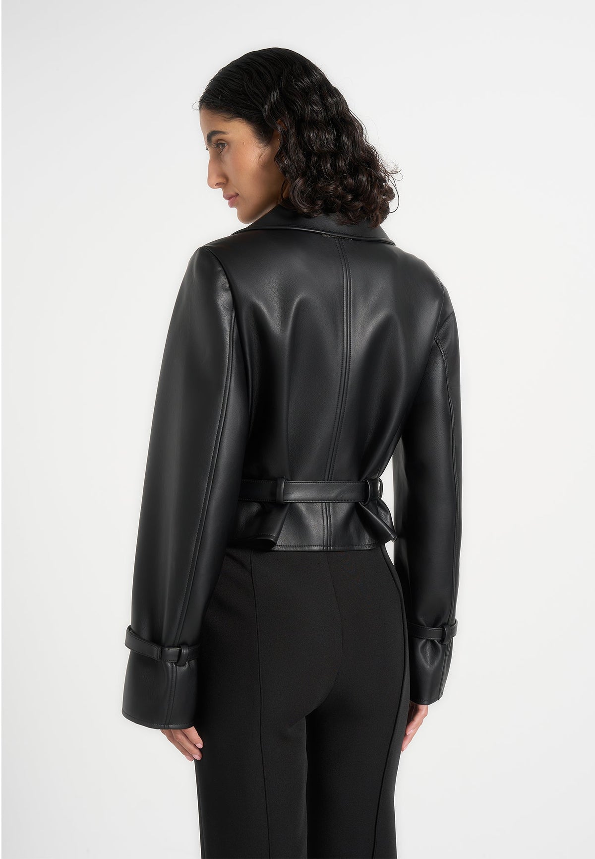 Amara - Cropped Leather Belted Biker Jacket - Black