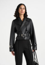Amara - Cropped Leather Belted Biker Jacket - Black