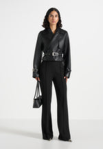 Amara - Cropped Leather Belted Biker Jacket - Black