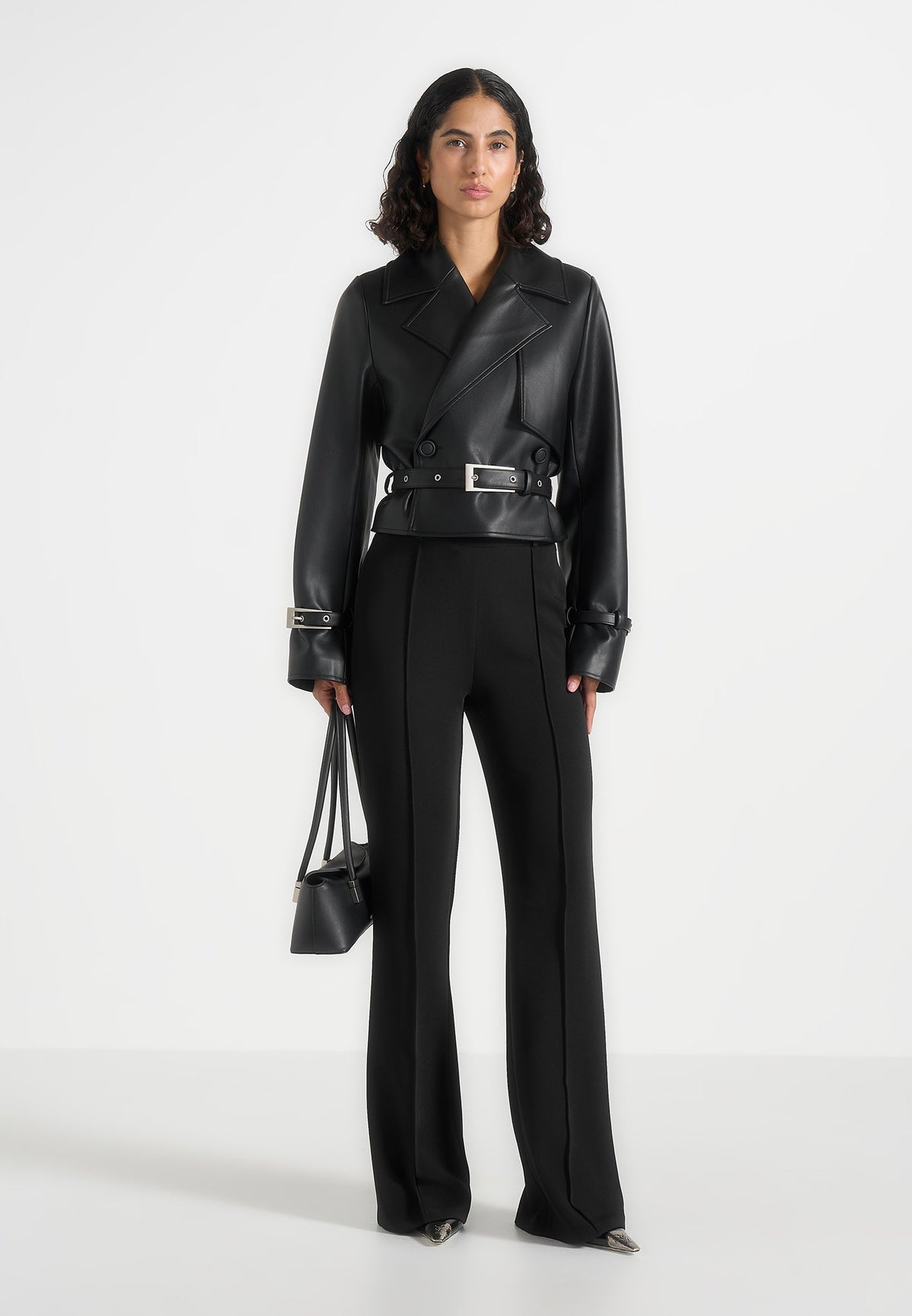 Amara - Cropped Leather Belted Biker Jacket - Black