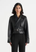 Amara - Cropped Leather Belted Biker Jacket - Black
