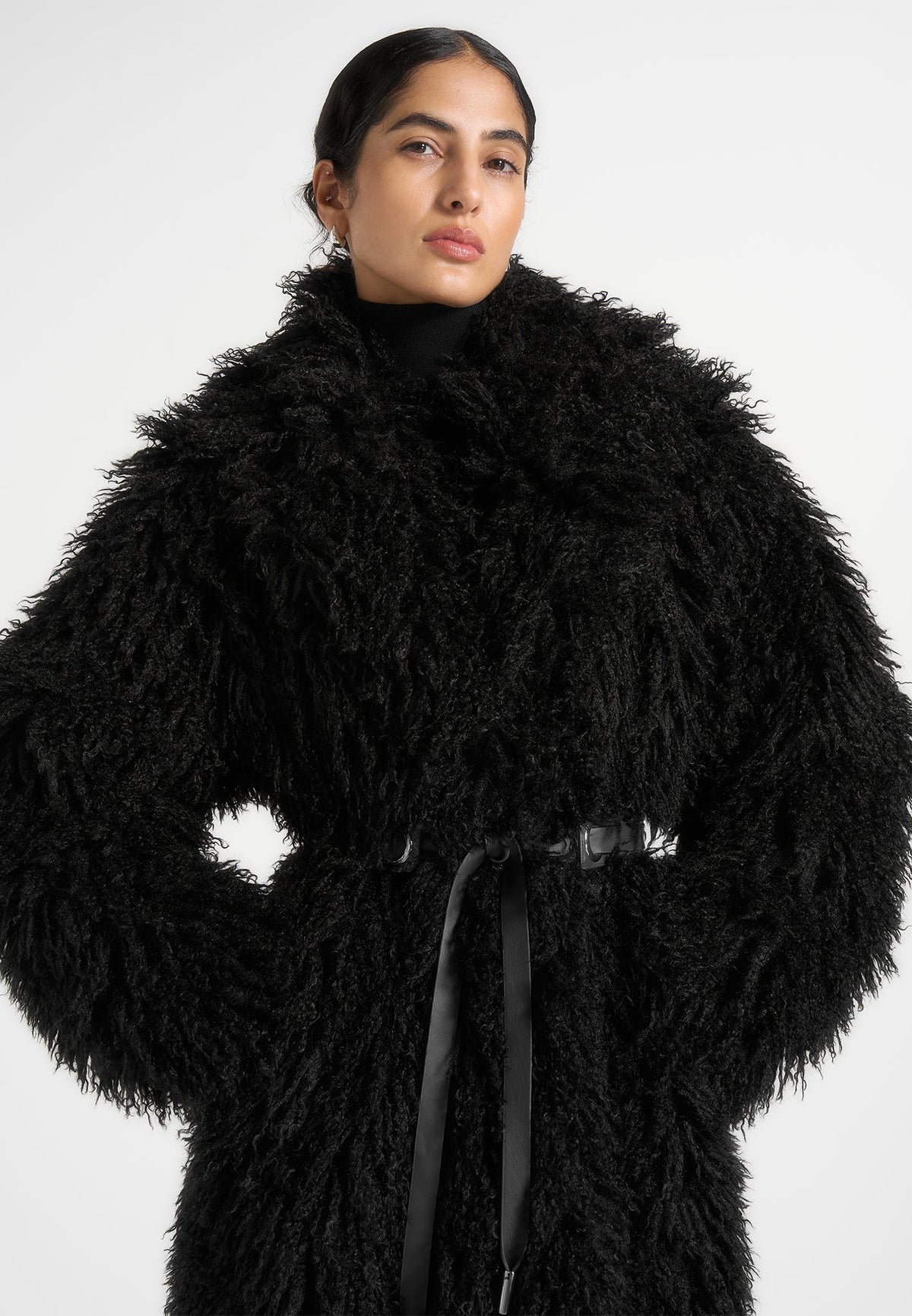 Bria - Oversized Mongolian Fur Coat With Belt - Black