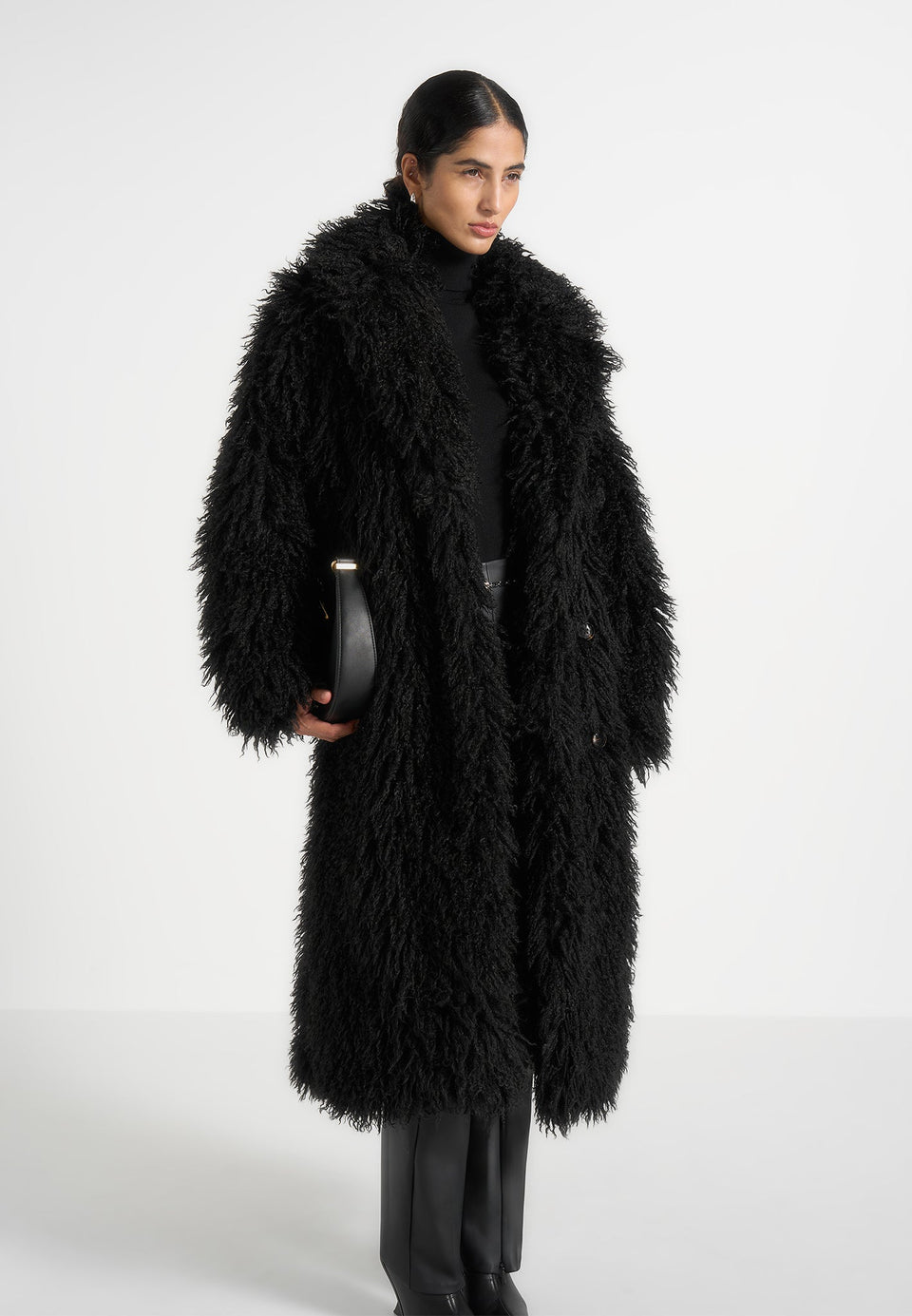 Bria - Oversized Mongolian Fur Coat With Belt - Black