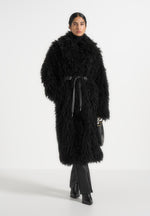 Bria - Oversized Mongolian Fur Coat With Belt - Black