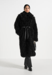 Bria - Oversized Mongolian Fur Coat With Belt - Black