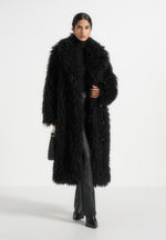 Bria - Oversized Mongolian Fur Coat With Belt - Black