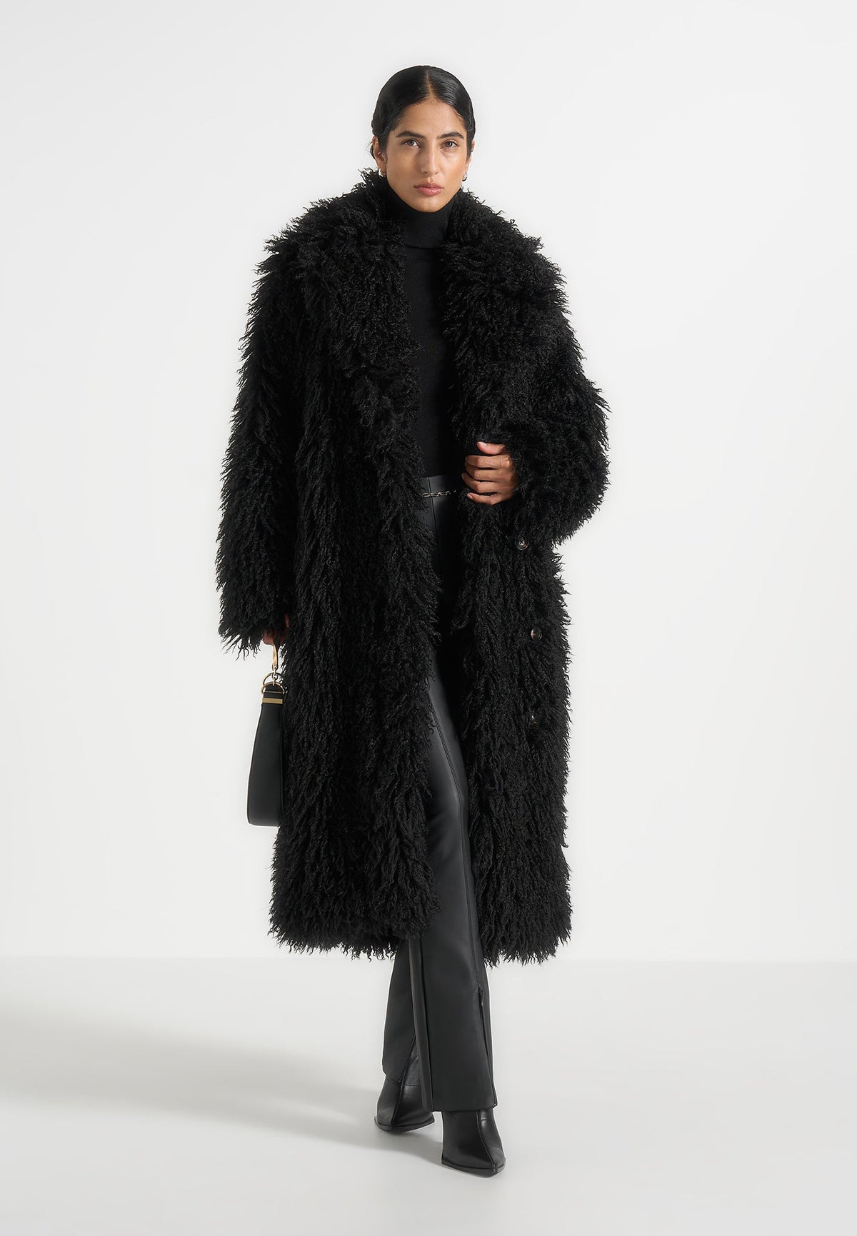 Bria - Oversized Mongolian Fur Coat With Belt - Black