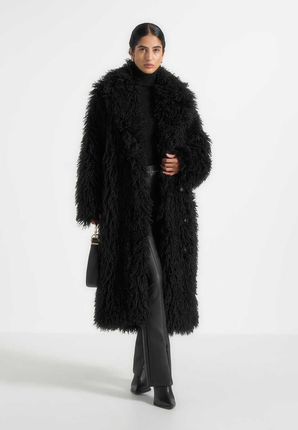 Bria - Oversized Mongolian Fur Coat With Belt - Black