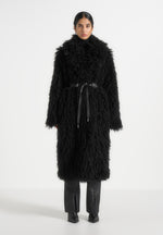 Bria - Oversized Mongolian Fur Coat With Belt - Black