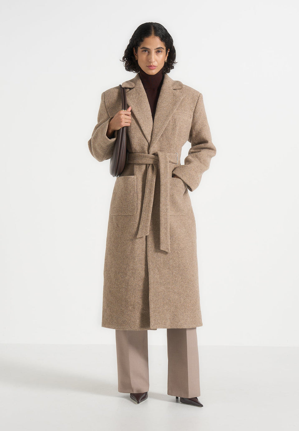 Jena - Wide Shoulder Wool Coat with Cinch Belt - Taupe