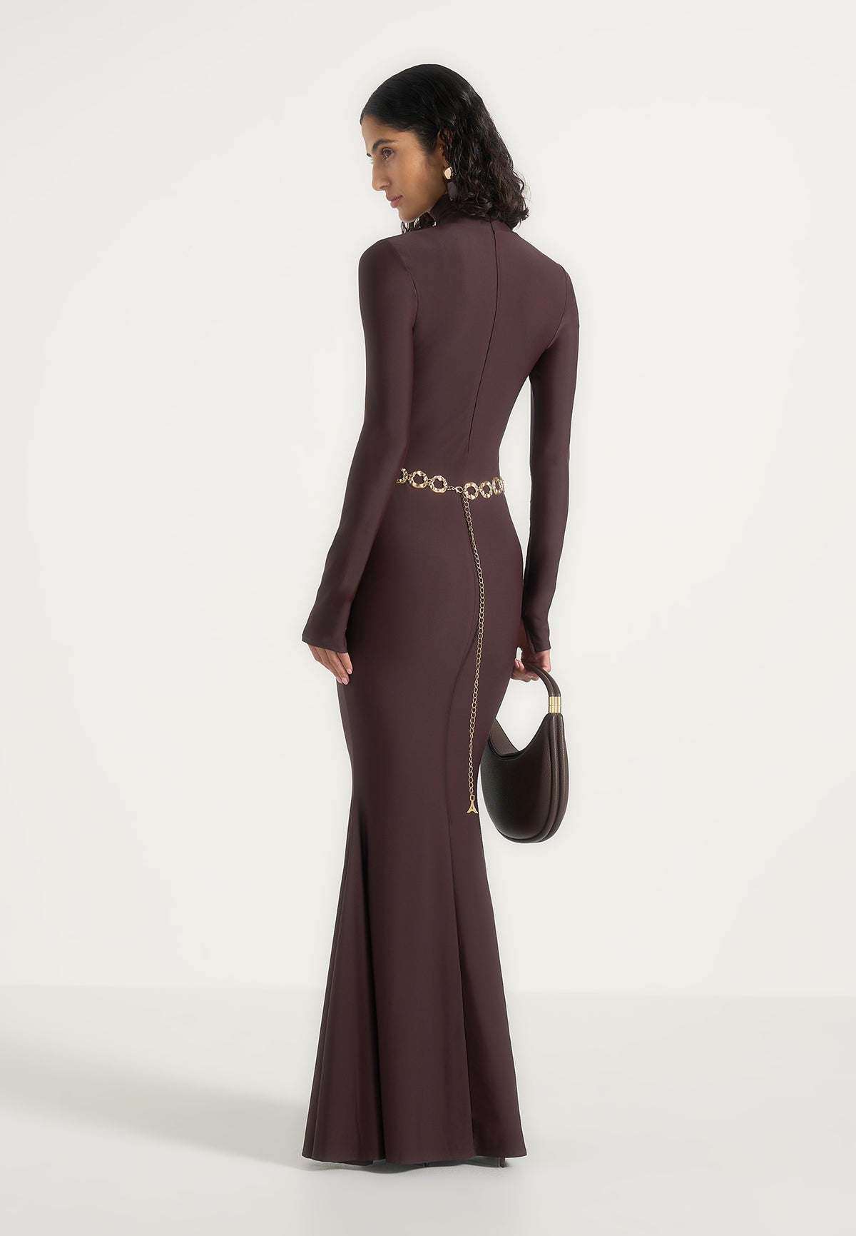 Angelica - High Neck Long Sleeve Maxi Dress With Chain Belt - Brown